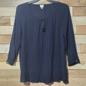 Navy Swiss Dot Peasant Blouse Tassel Tie Neck 3/4 Sleeve Boho XXL